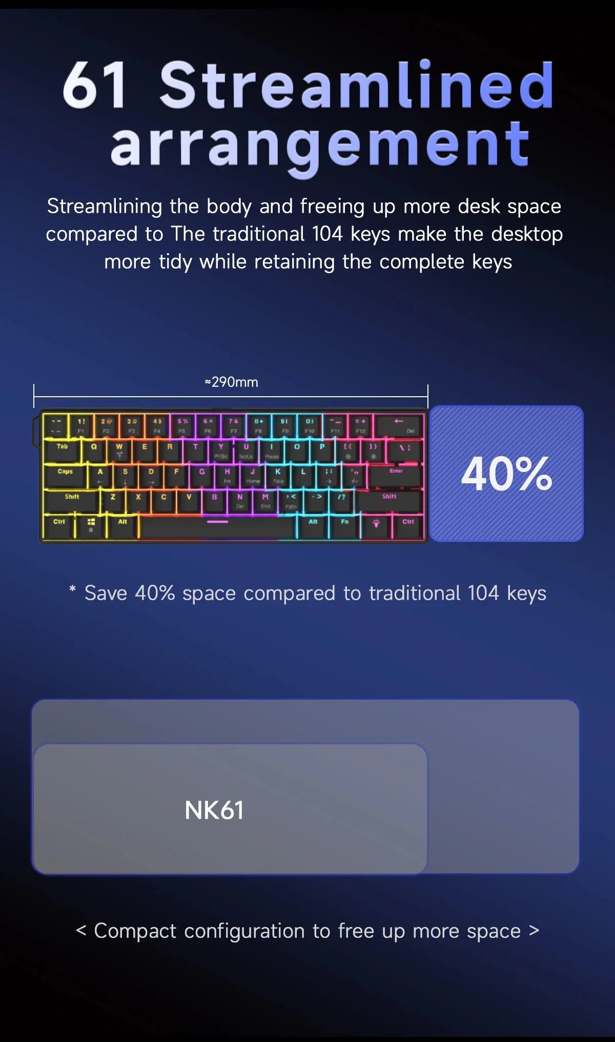 NK61 61Keys Wired Mechanical Keyboard Single-Socket Hot-Swappable Red Switch Melange RGB Backlight OEM Keycap ABS