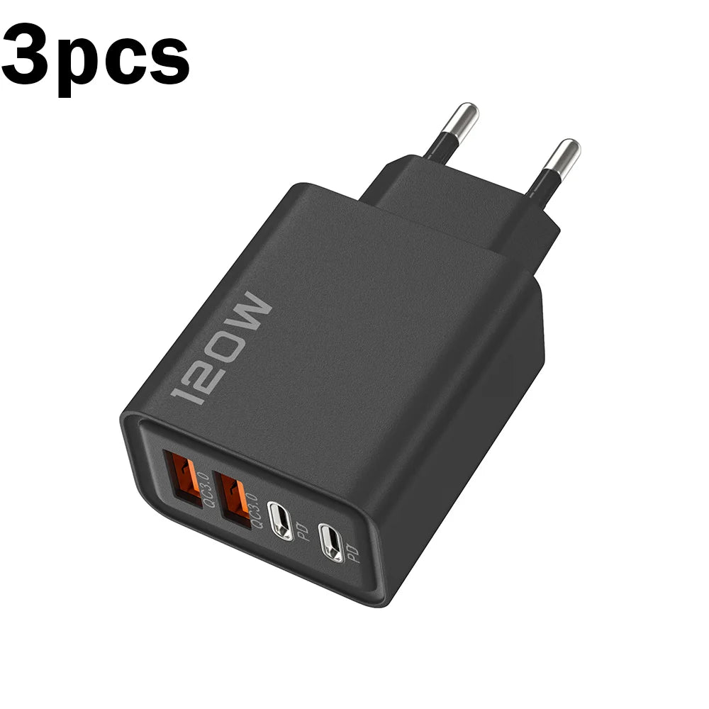 Total 120W 1/2/3 Pcs Fast Charger Type C Quick Charge 3.0 USB Charger Adapter For iPhone Samsung Xiaomi PD Fast Charging Plug