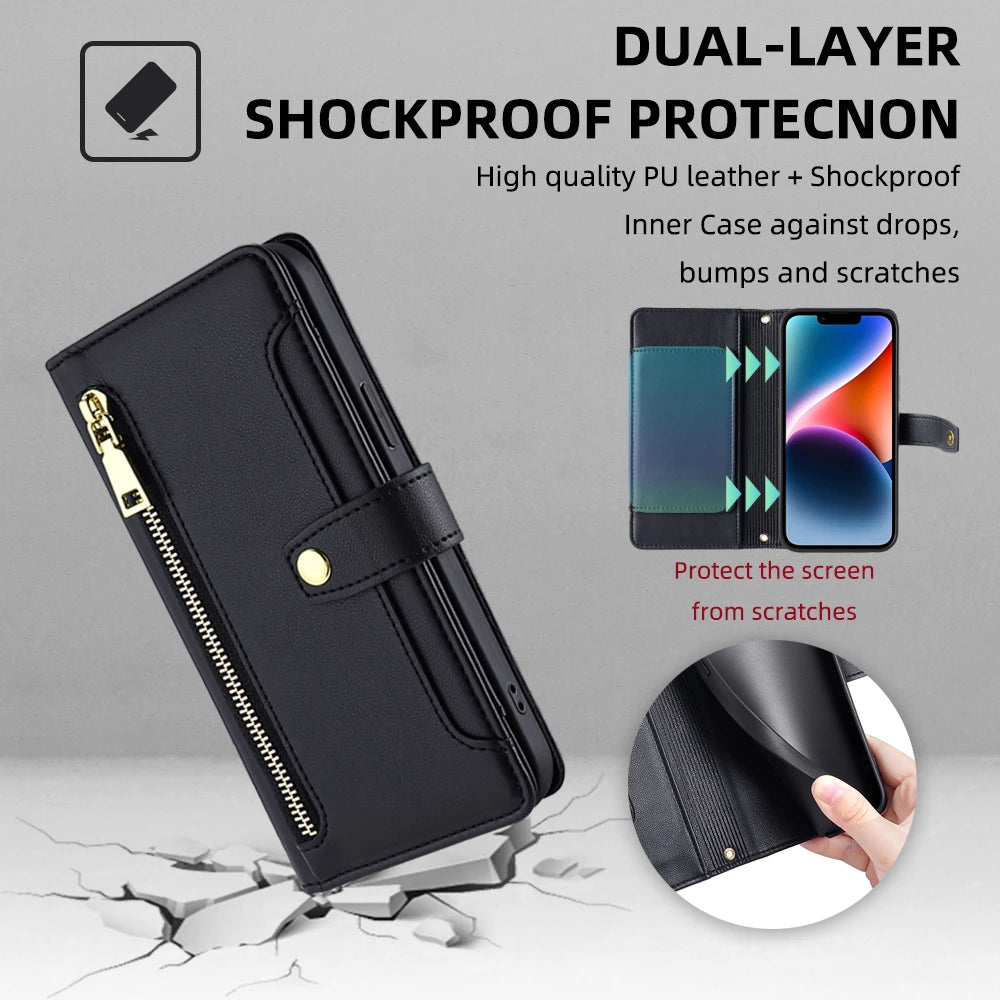 Ladies Card Slots Wallet Crossbody Phone Case for iphone 15 14 13 12 11 Pro Max XS XR 7 6 6 6s Plus SE SE3 Flip Cover with strap