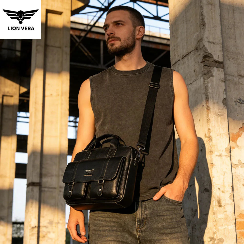 LION VERA Men's Genuine Leather Briefcase Business Casual Commuting Bag Portable Crossbody Shoulder Bag 15.7-inch Laptop Bag