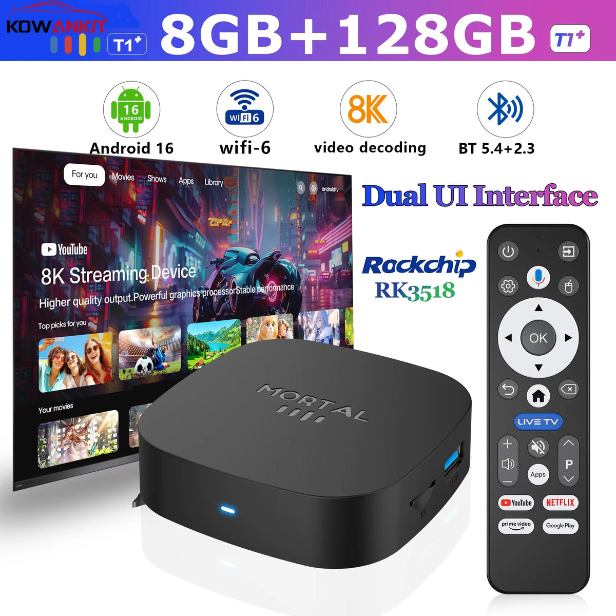 2026 New Android TV Box T1+ Rockchip RK3518 Android 16 8GB RAM 128GB ROM WiFi 6 BT 5.4 Dual UI 8K Ultra HD Smart Media Player