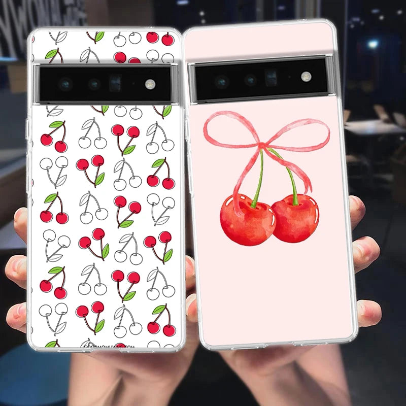 Cute Cherry Bow Phone Case For Google Pixel 9 8 7 6 Pro XL 8A 7A 6A 5 4 5A 4A 3A XL 5G soft Silicone Clear TPU Cover