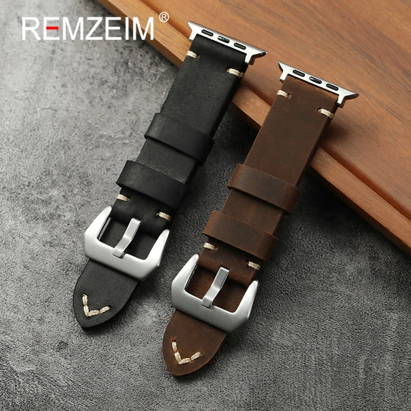 Vintage Crazy Horse Leather Strap for Apple Watch 38/40/41/42/44/45/46/49mm Thick Handmade Band for Iwatch 1-10 SE Ultra 2