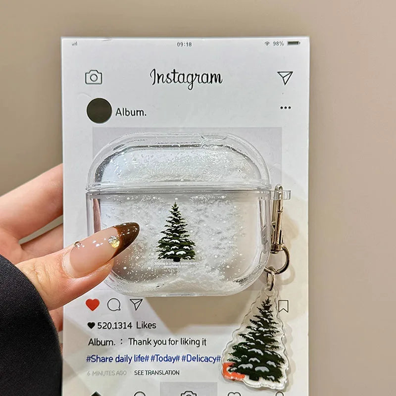 Snow Globe Christmas Tree Case for AirPods3/4/Pro, Soft Silicone Shockproof Cover with Keychain, Glitter Liquid Snowflake Design