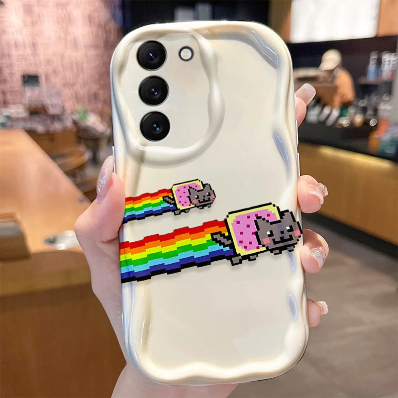 Rainbow Cat Wave Case for Samsung Galaxy S25 S24 S23 S22 S21 Ultra Plus S20 FE A73 A72 A71 A56 A55 A54 5G A52 A52S A51 4G Cover
