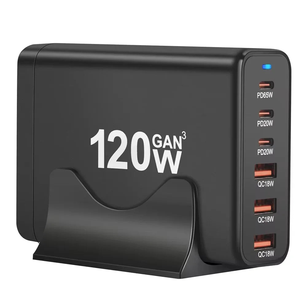 120W GAN Multi USB Charging Station 6-Port Hub Type-C Charger PD Fast Charging Smart Charger for iPhone Samsung Xiaomi