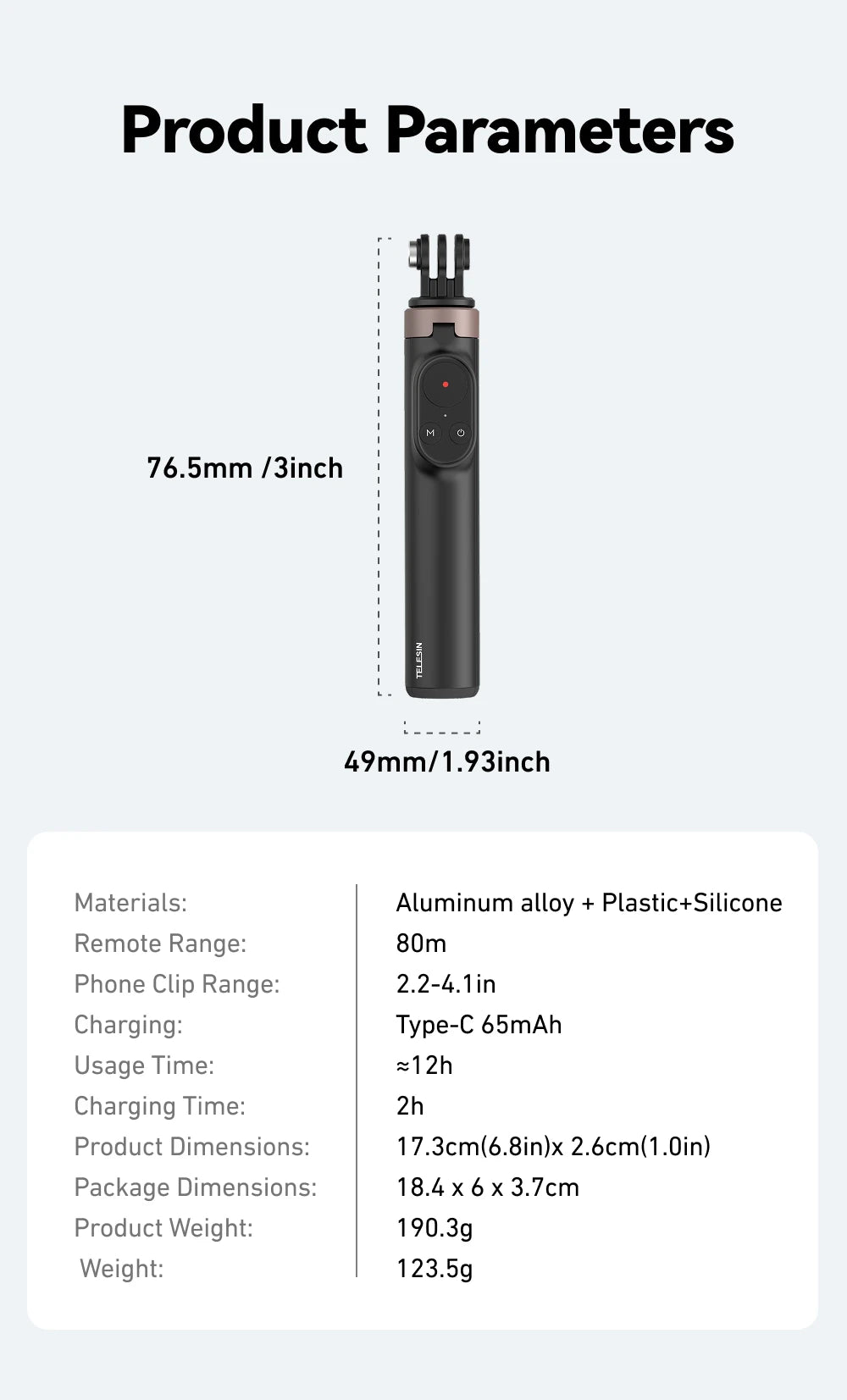 TELESIN Remote Control Wireless Bluetooth Selfie Stick Tripod For DJI OSMO Action 4 5pro 6 360 Gopro 9 10 11 12 13 Smartphone