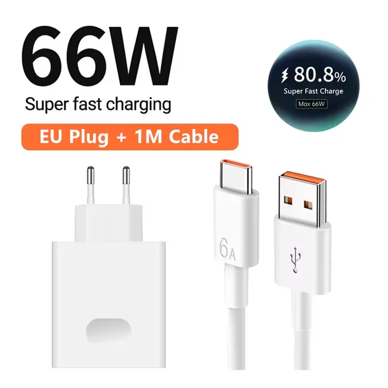 USB Fast Charger 66W Fast Charging QC3.0 EU/US Plug Wall Adapter 6A USB To Type C Cable For Huawei Mate 50 60 Nova 10 Honor 100