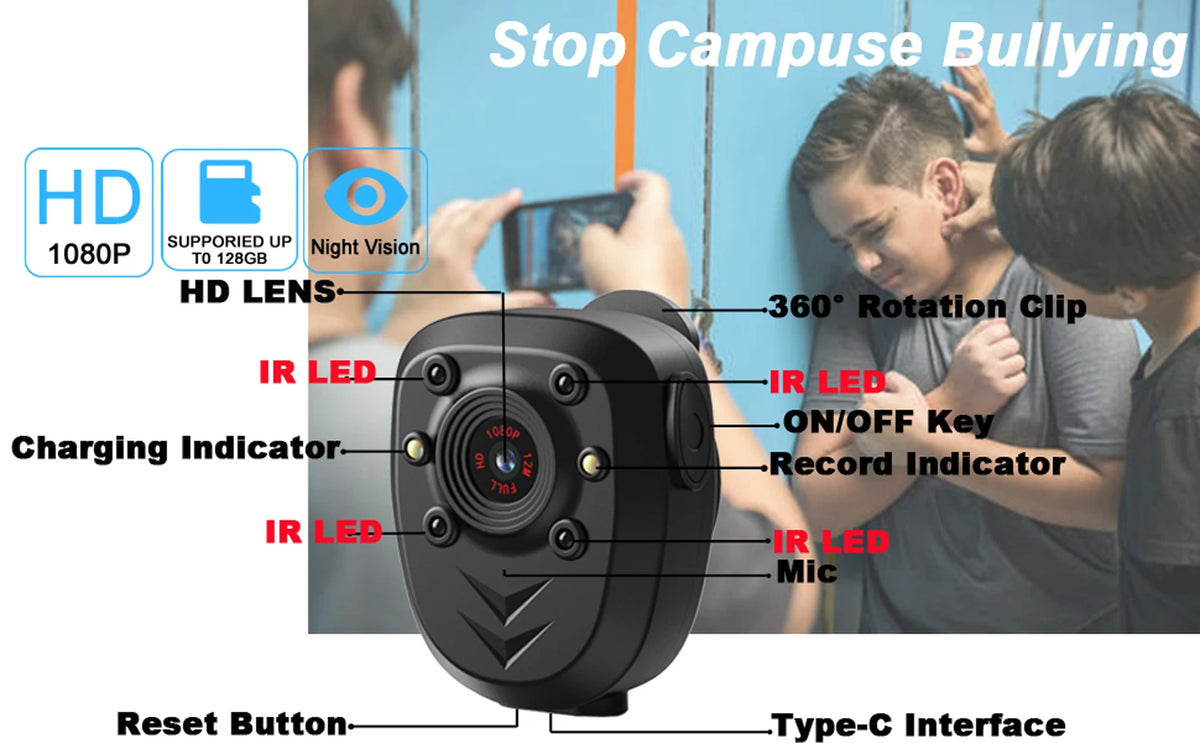 POVCAN Mini Body Camera Video Recorder Built-in Memory Card  Night Vision IR & Loop Record HD 1080P 4-6 HR Battery Life Wear