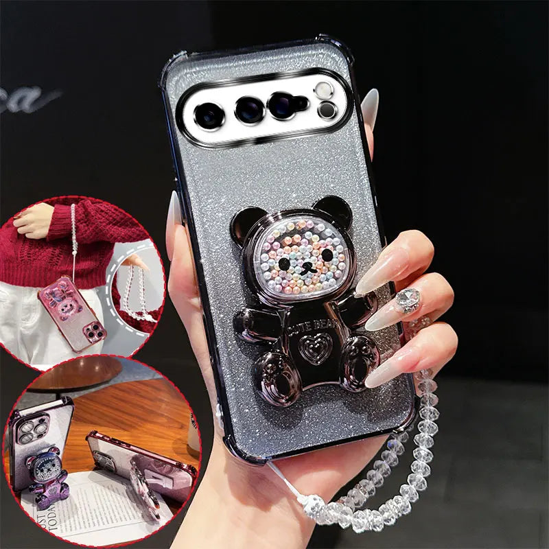 4 Corner Shockproof Phone Case with Cute 3D Bear Stand Crystal Chain Lanyard Glitter For Google Pixel 9 8 10 7 Pro XL Back Cover
