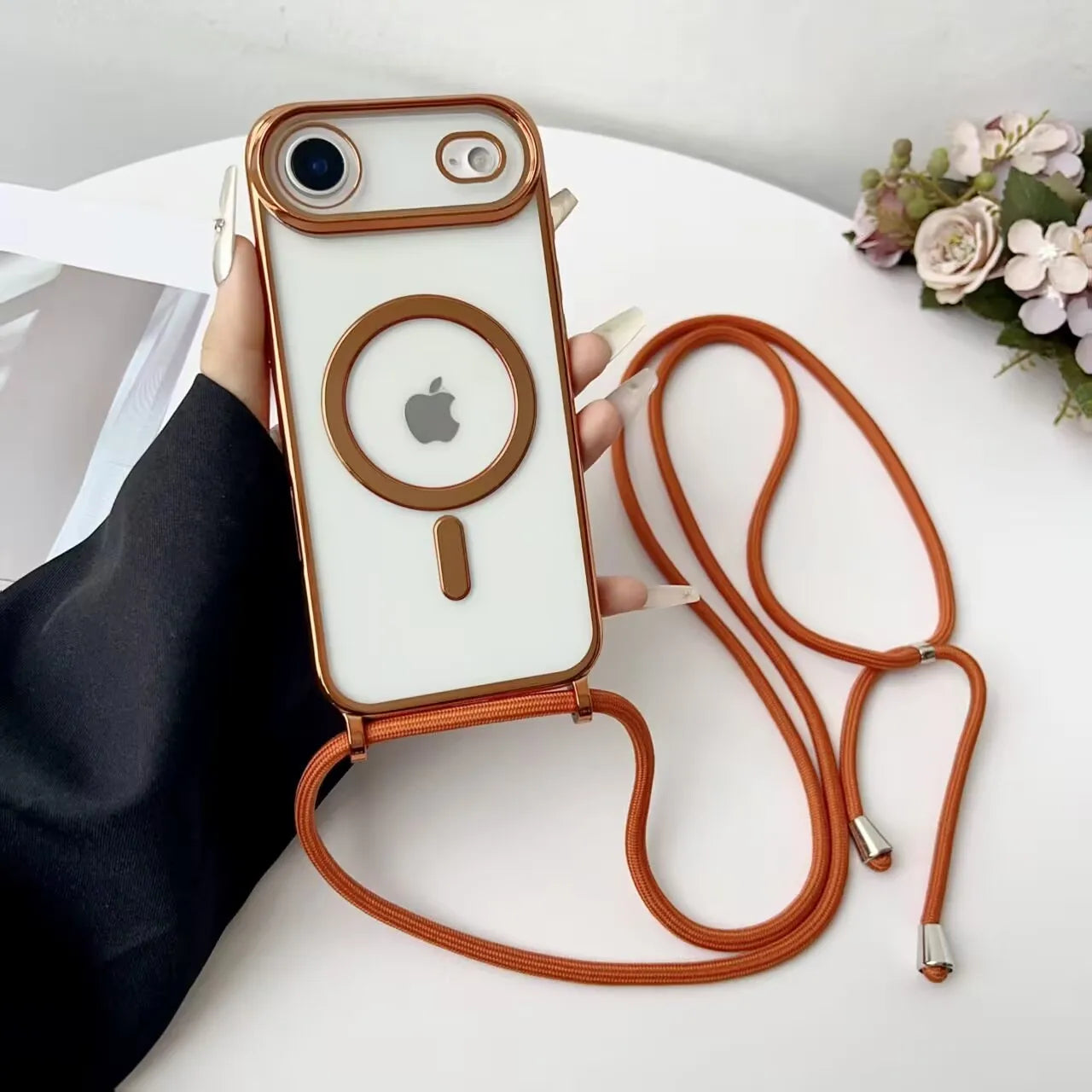 Luxury Necklace Cord Rope Lanyard Plating Magnetic Clear Phone Case For iPhone 17 Air 16 14 12 13 15 Pro Max For Magsafe Cover