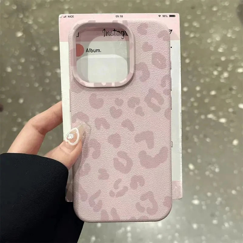 For IPhone 17 16 15 14 13 12 11 Pro Max Case Pink Leopard Print Lichee Pattern Silicone Cover for IPhone XS X XR 16 Plus Fundas