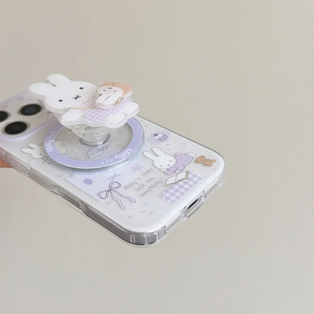 Korean INS Star Bow Rabbit With Magsafe Stand Phone Case for iPhone 17 Pro 13 14 15 16 Pro Max Cover Rotate Holder Cute Cases