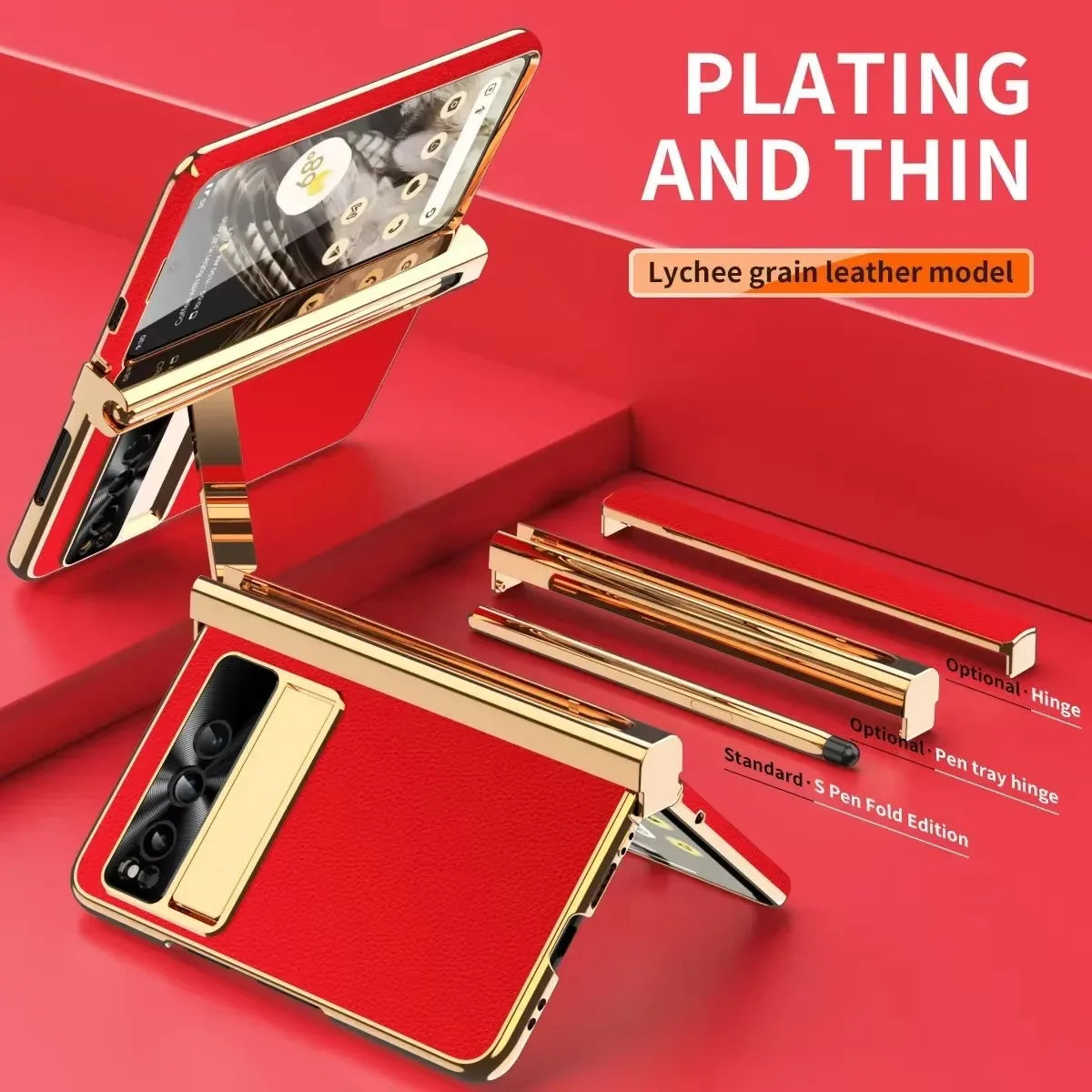 Phone case For Google Pixel Fold Plain Leather Plating Bracket Double Hinge with Pen Shell Film All-inclusive Protective Case