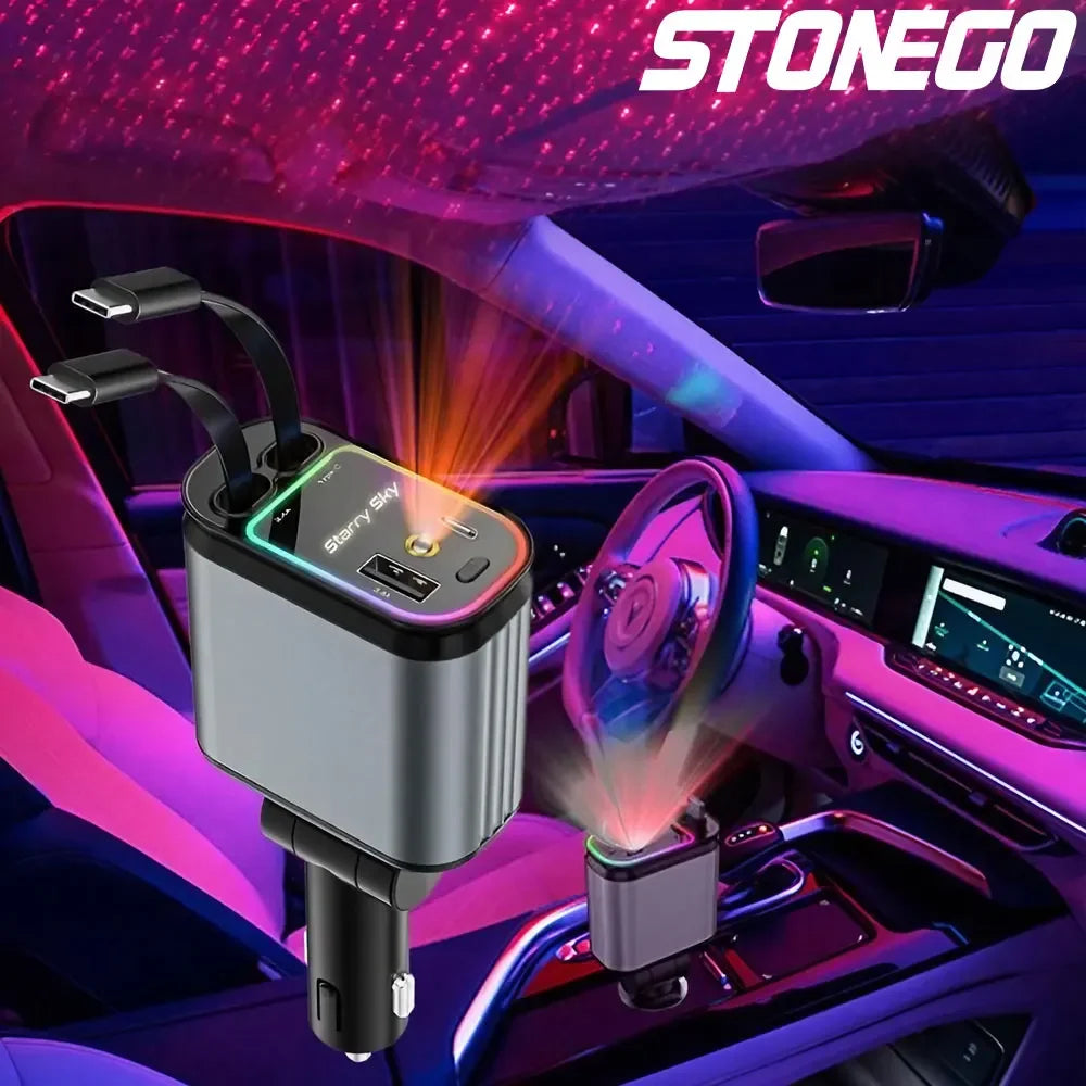 4 in 1 Retractable Car Charger Fast Charging Car Charger  with USB Type-C Cable & 2 Type C Charging Ports, Universal Car Charger