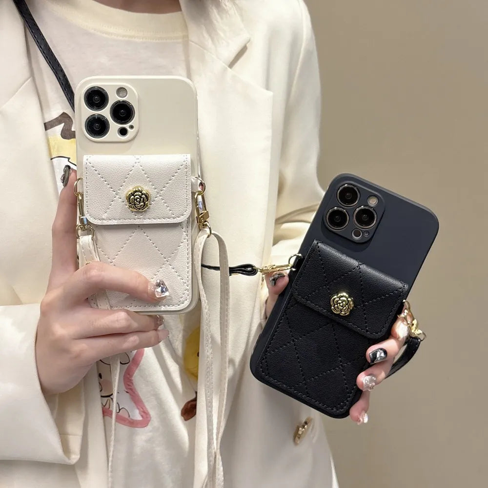 Crossbody Neckband Lanyard Phone Case for iPhone 15 14 11 12 13 Pro Max X XS XR 7 8 Plus Flower Leather Wallet Card Holder Cover