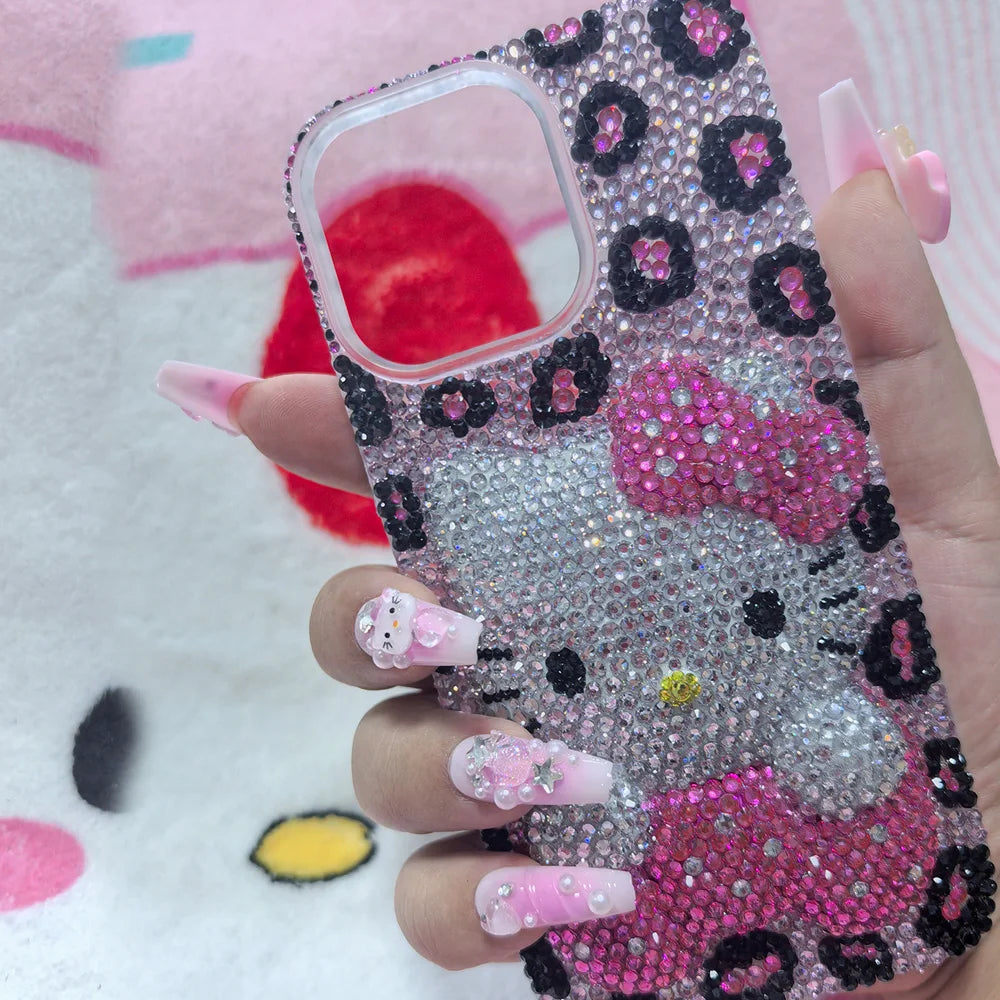 Kawaii Hello Kitty Rhinestone Bling Crystal Phone Case Chain for Iphone 7 8 17 16 15 14 13 12 11Pro Max Plus Shockproof Cover