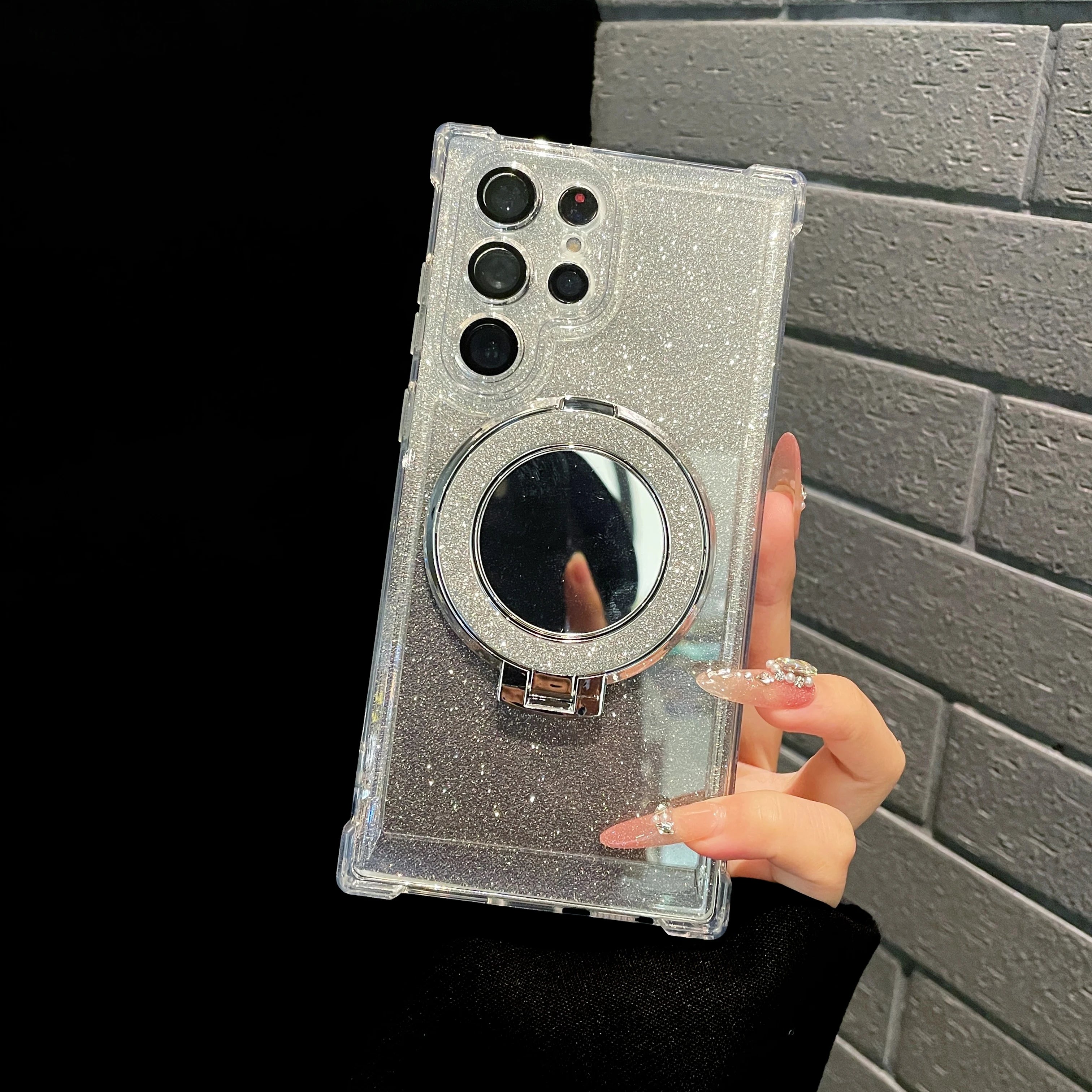 Glitter Magnetic Mirror Stand Holder Case For Samsung S24 S23 S22 S21 S20 Note 20 10 Ultra Plus FE For Magsafe Shockproof Cover