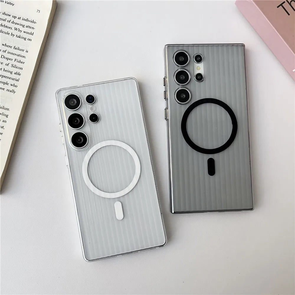 Matte Clear Corrugated Phone Case For Magsafe Samsung Galaxy S25 Ultra S24 S23 Plus Ultra Wireless Charging Magnetic Cover