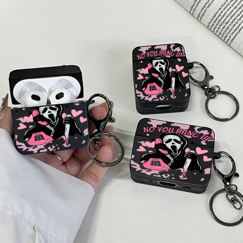 Pink Ghostface Hard Earphone Case for AirPods 1or2, 3, 4, Pro2/Pro Case Stylish Bluetooth Headset Protective Cover with Keychain