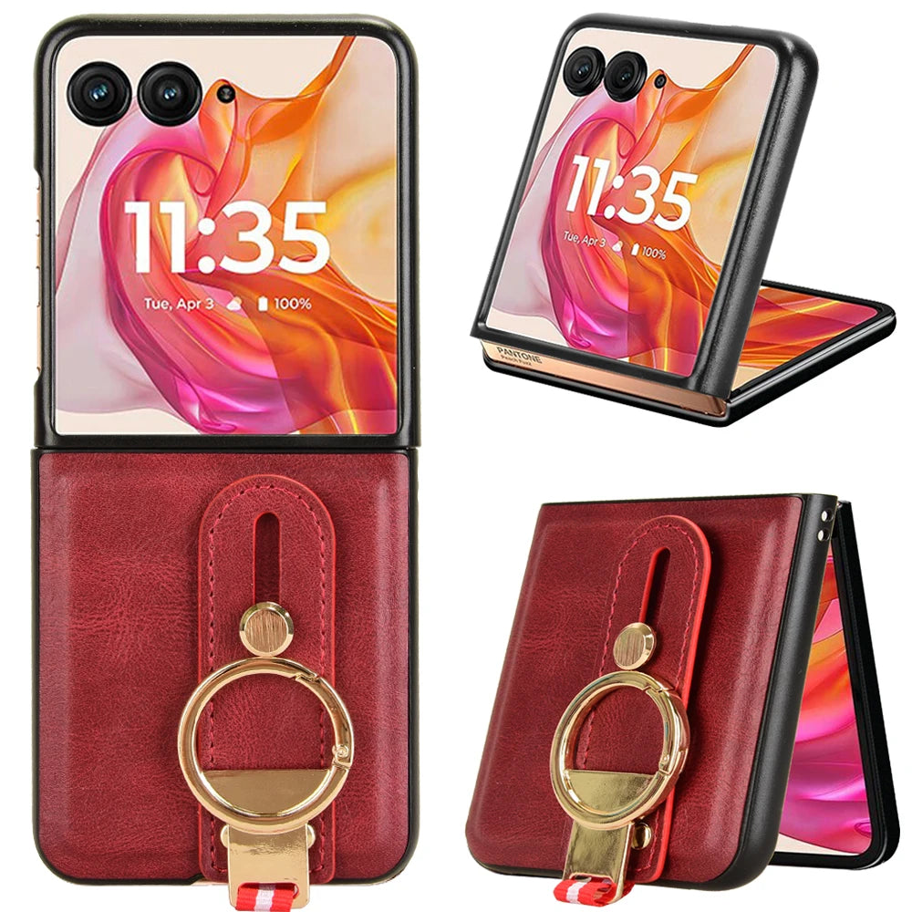 Luxury Wristband Leather Case for Motorola Razr 70 60 50 Ultra 2026 2025 2024 Moto Razr 40 Plus 2023 Cover Ring Opener Funda