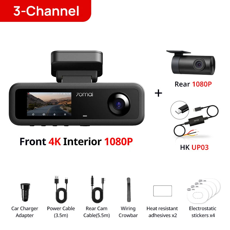 70mai T800E 3-Channel Dash Cam, 4K HDR f/1.55 Built-in GPS Voice Control, Supercapacitor 24H Parking Mode 3-in-1 Car Camera