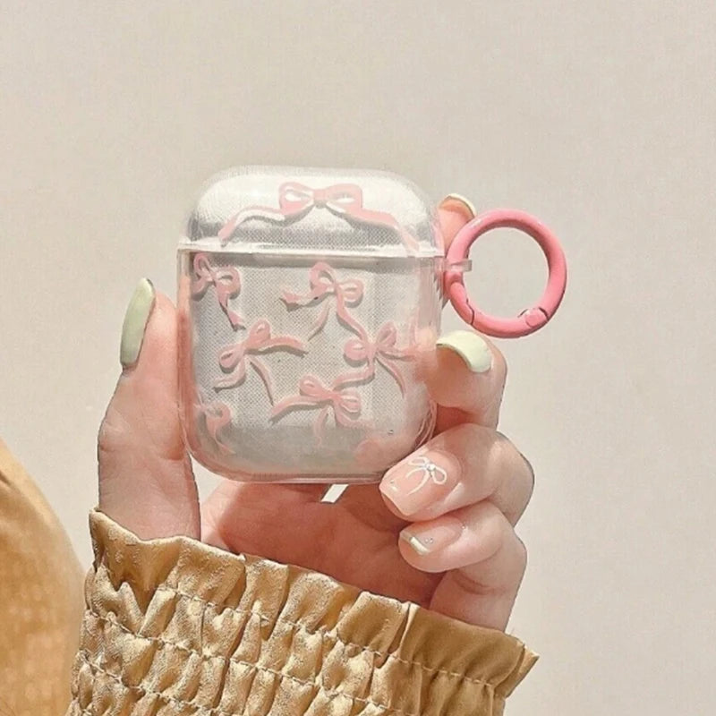 INS Korea Pink Bow Knot Headset Case For Airpods 4 Cover Shockproof For Airpod Pro 2nd 3 2 1 Charging Box Fundas With Keychain