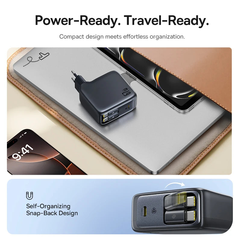 Baseus 67W 100W Fast Charger GaN Charger USB C Retractable Cable Phone Charger For iPhone Samsung Laptop Charger PD QC Charger