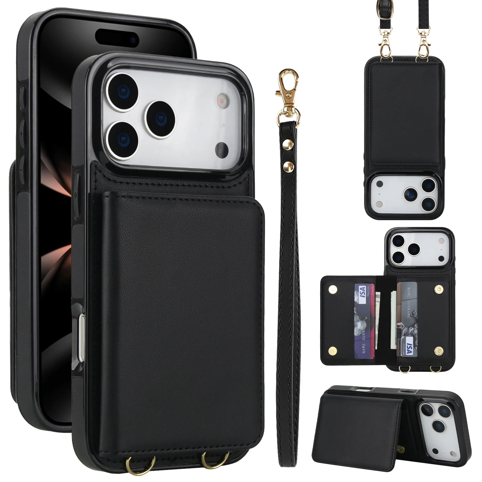 Crossbody Card Holder Wallet Leather Case For iPhone 17 Pro Max 16 Plus 15 Plus 14 13 12 11 Strap Pocket kickstand RFID Cover