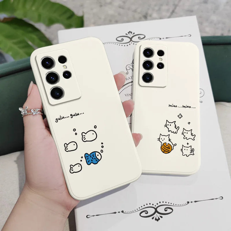 Cute Line Cat Phone Case For Samsung Galaxy S25 S24 S23 S22 S21 S20 S10 S10E Ultra Plus FE Note 20 Ultra 10 Plus Cover