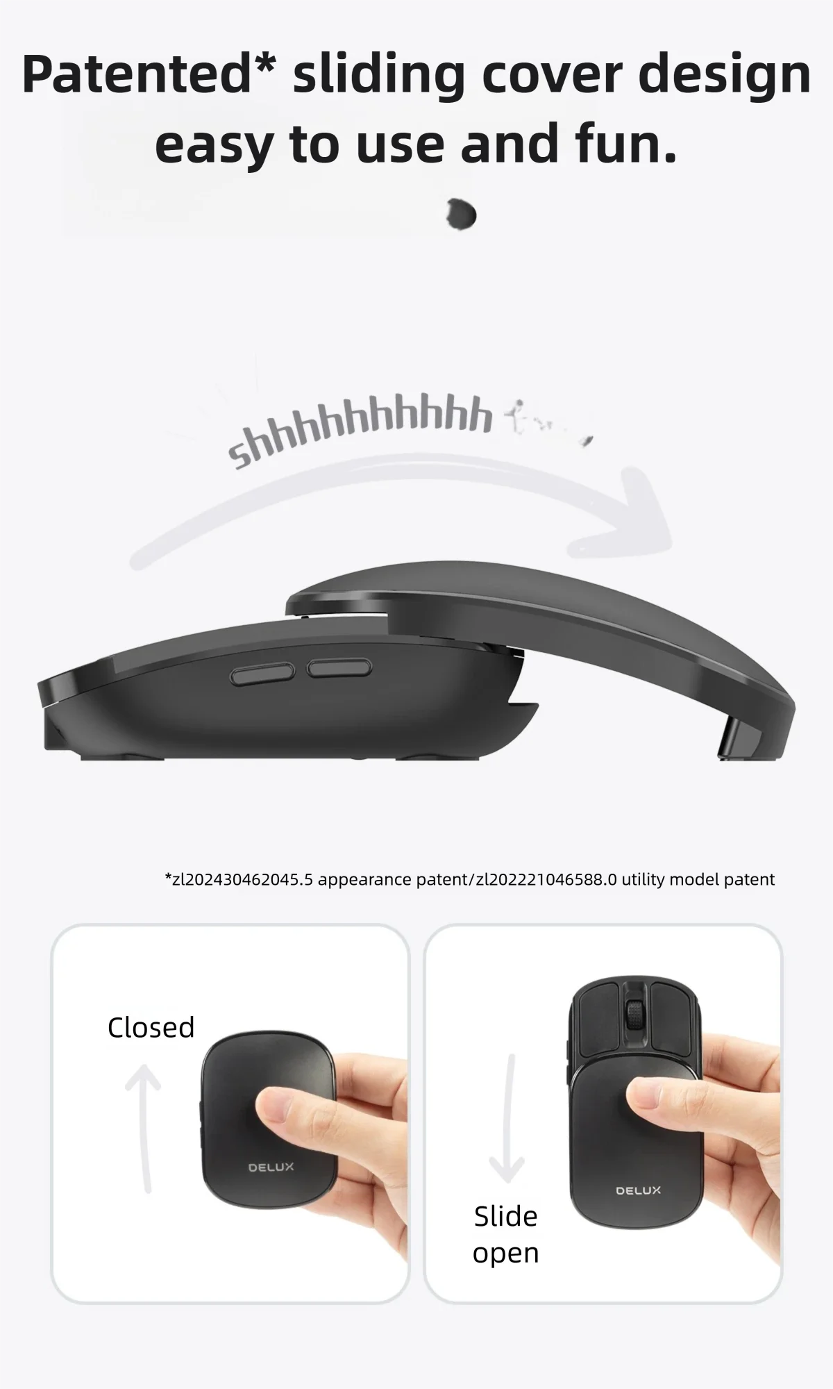 Delux Pocket Folding Mouse Wireless 2.4G Bluetooth5.2 Silent Click Portable Ultra-light 55g for MacBook Tablet Computer PC Mice