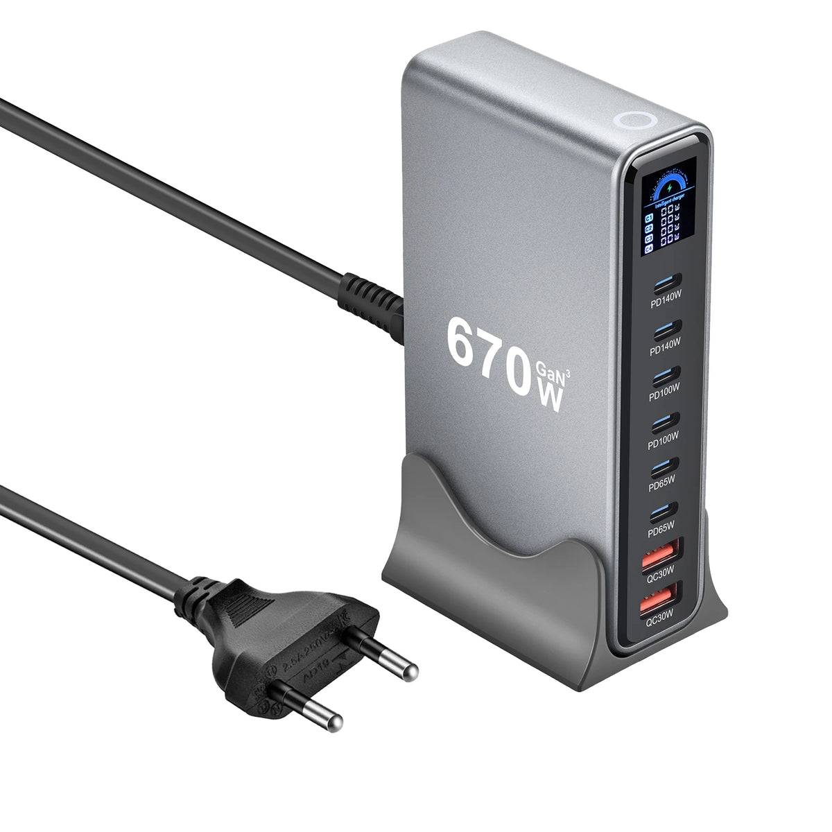 670W GaN Fast Charging Desktop Charger with Display 140W USB-C Port 8-Port Station for Phones And Tablets