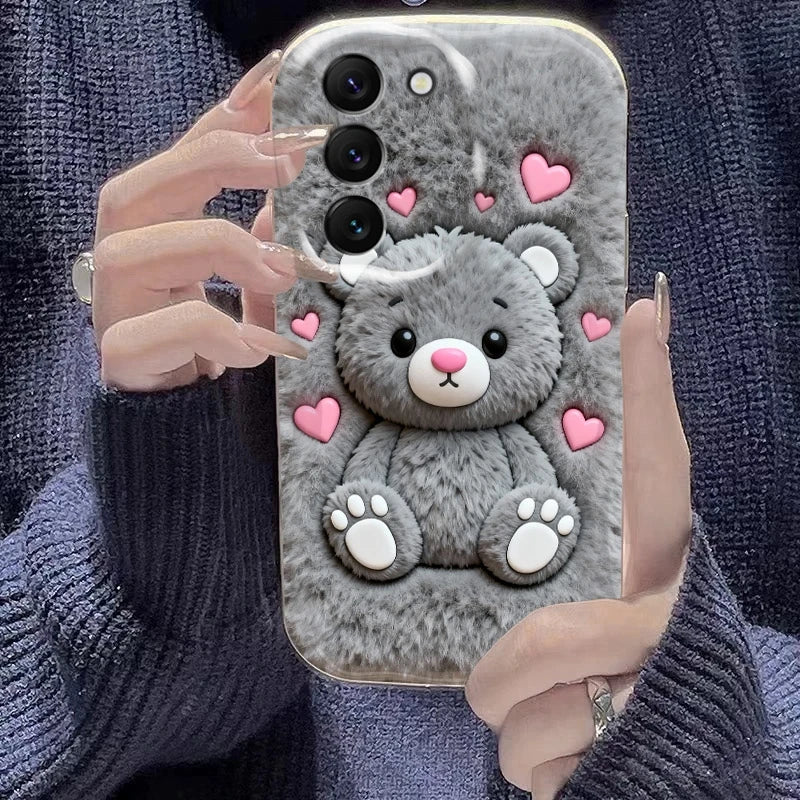 For Samsung Galaxy S26 S25 S24 Ultra S23 FE S22 S21 Plus A16 A26 A36 A56 A55 A54 Cartoon Grizzly Bear Pink Heart Printed Cover