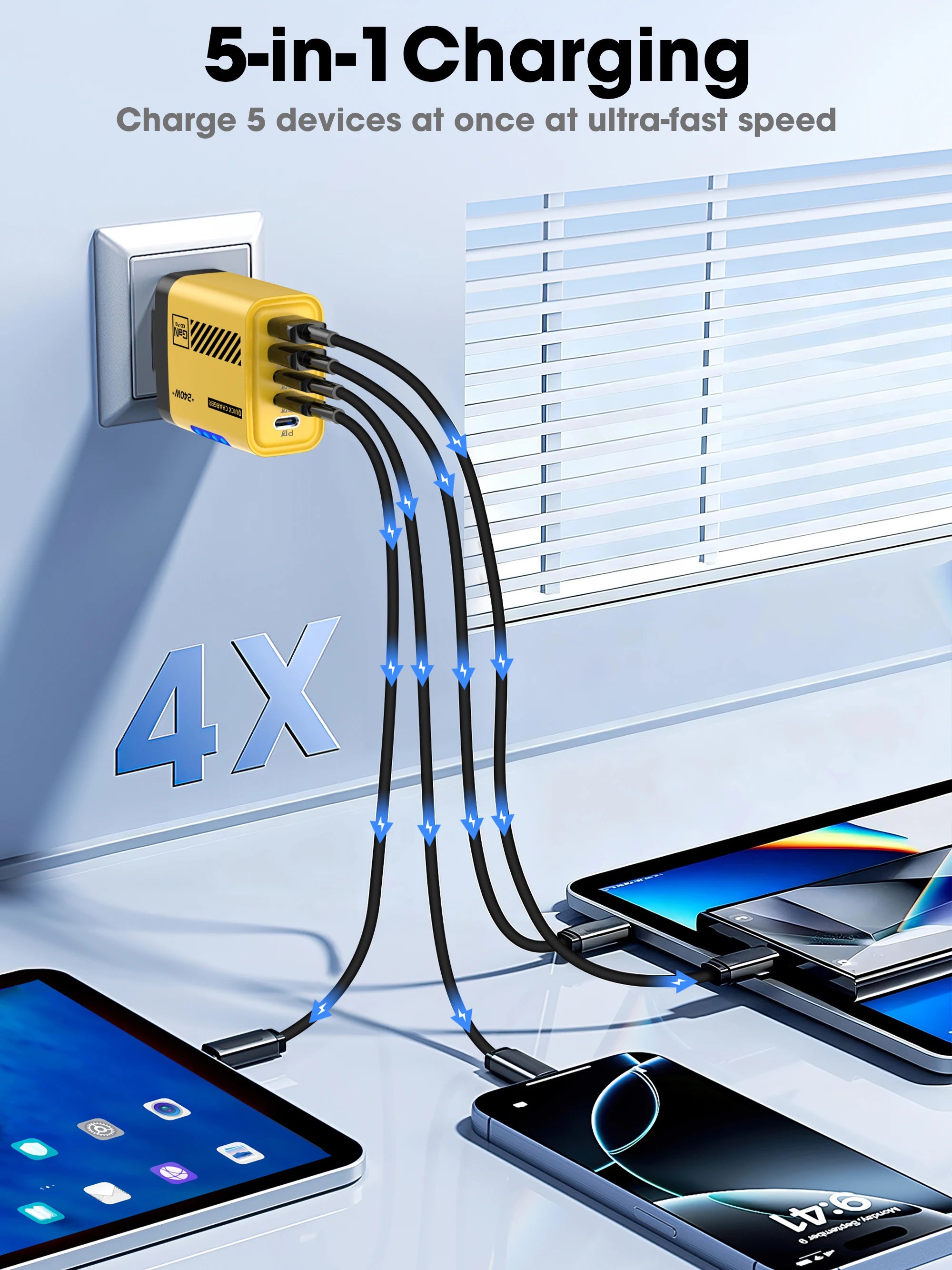 5 Port GaN USB C Charger 240W PD Fast Charging Adapter For iPhone 17 16 15 Pro Samsung Xiaomi Huawei Laptop Desktop PD Charger