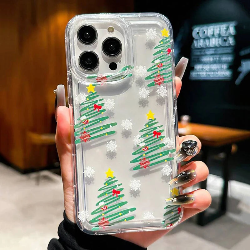 Snowflake Christmas Tree Phone Case for iPhone 17 16 Pro Max Air 15 14 Plus 13 12 11 Pro 7 8 XR X XS SE2 Shockproof Clear Cover