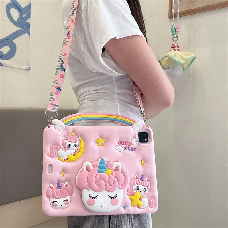 Kids Silicone Case For New iPad A16 11th/10th Generation iPad Air11 M3 M2 Mini Air 7 6 5 4 Pro11 M4 Cartoon Unicorn Holder Funda