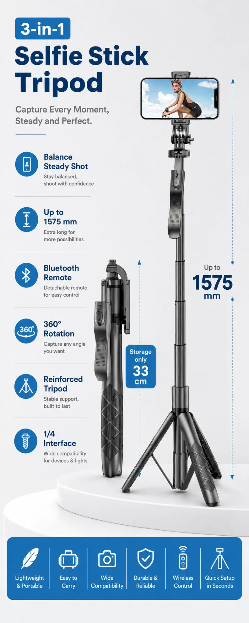 3-in-1 Extendable Selfie Stick Tripod with Bluetooth Remote, 1575mm Portable Phone Tripod Stand, 360° Rotatable Phone Holder for