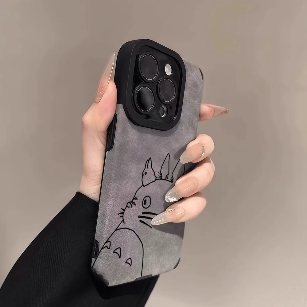 Luxury Leather Lambskin Shockproof Phone Case for IPhone 17 16 Pro Max Air 15 14 13 Max Totoro Line Sketch