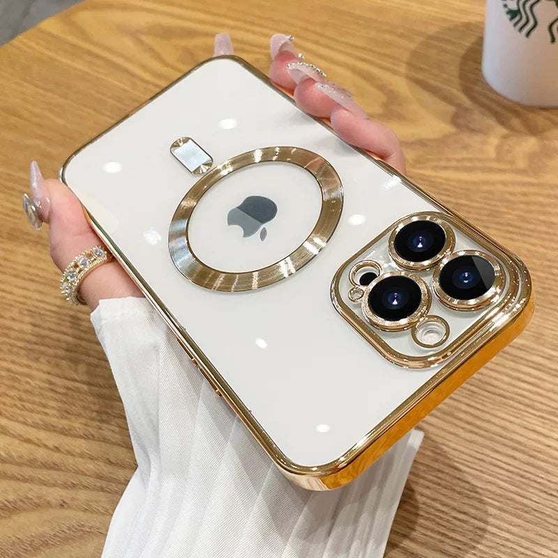 Magnetic Plating Case For iPhone 15 16 14 17 13 12 11 Pro Max Air Camera Lens Protector Glass For Magsafe Wireless Charger Cover