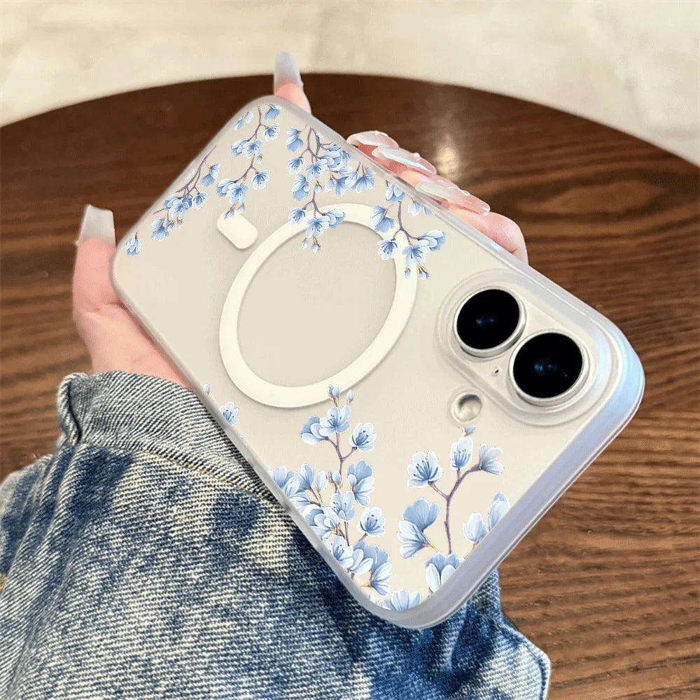 Light Blue Blossom Branch Print Wireless Charging Phone Case For Magesafe iPhone 17 16 15 14 13 12 Pro Max 17 Air Magnetic Cover