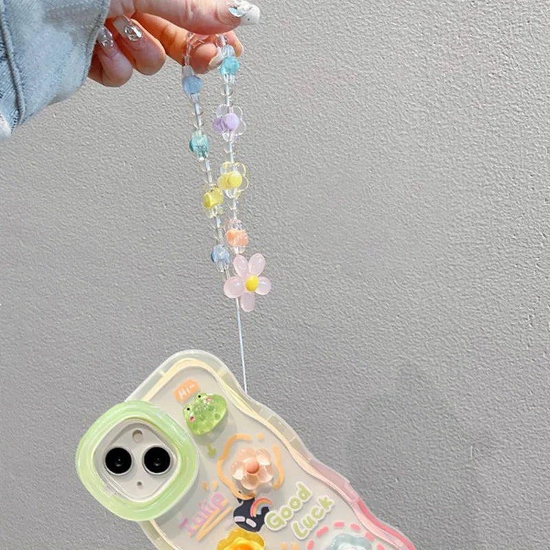 Flower Bracelet Chain Phone Holder Case For iPhone 16 17 15 14 13 12 11 Pro Max XS Max XR 3D Frog Rabbit Bracket Stand Cover