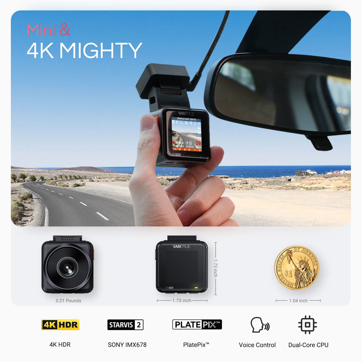 Vantrue E1 Pro 4K Mini DashCam Front STARVIS 2 Plate Pix™ HDR Night Vision Dash Camera for Car 5G WiFi&GPS Support 1TB Max