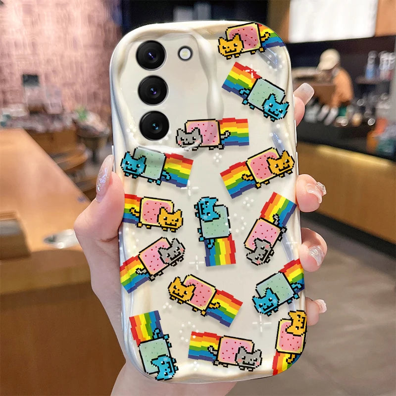 Rainbow Cat Wave Case for Samsung Galaxy S25 S24 S23 S22 S21 Ultra Plus S20 FE A73 A72 A71 A56 A55 A54 5G A52 A52S A51 4G Cover
