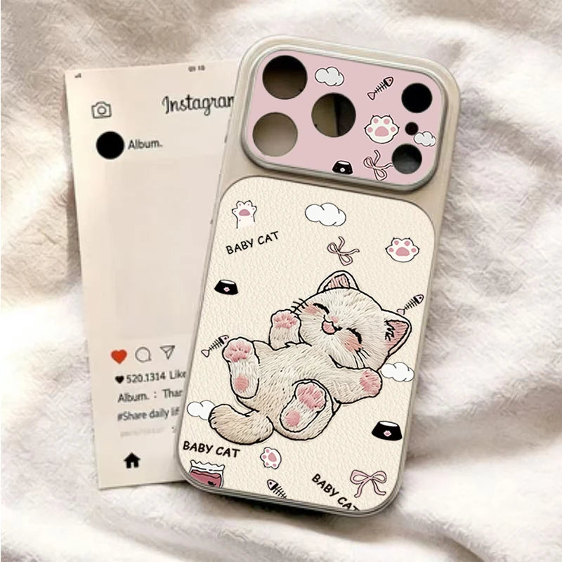 Embroidere Cat Large Viewing Window Phone Case For iPhone 17 Air 16 15 14 13 12 11 Pro Max Pro Dustproof Hard Skin texture Cover