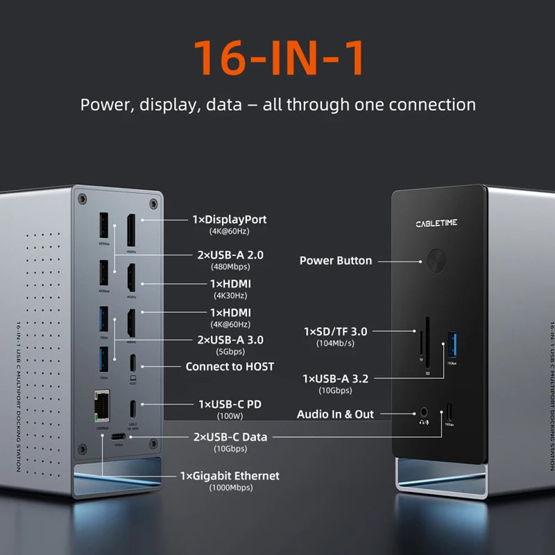 CABLETIME 16 IN 1 USB C Docking Station 4K HDMI-compatible M.2 SSD Enclosure Ethernet 100W PD Dock Hub SD/TF Working Station