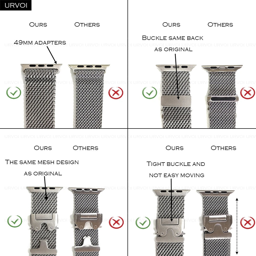 URVOI Band for Apple Watch Ultra 4 3 2 Series 12 11 10 SE3 Stainless Steel Mesh Strap for iWatch Secure Parachute Buckle 46 49mm