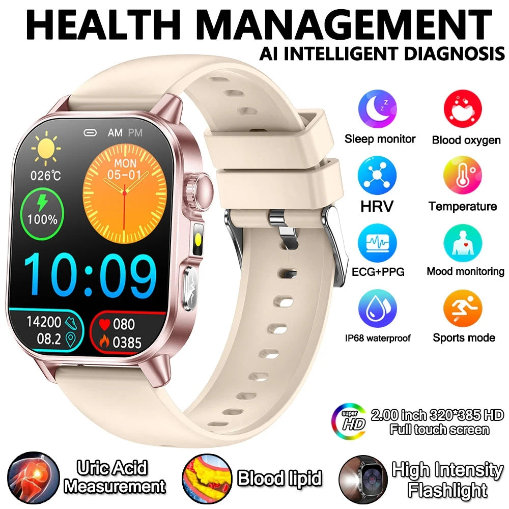 2026 New Model Uric Acid & Lipid Health Analysis Smart Watch Men ECG+PPG Bluetooth Call 2.01-inch Flashlight Smartwatch Women