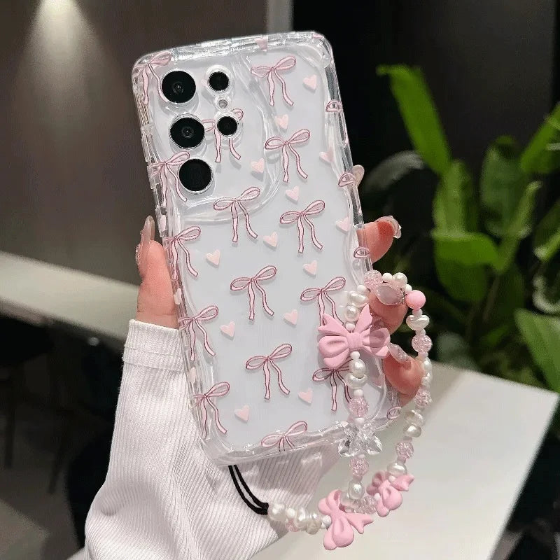 Pink Bow Pattern Chain Case For Samsung Galaxy S25 Ultra S22 S21 S20 Plus S21FE S20FE S25FE A31 Soft Silicone Cover