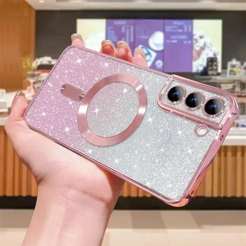 Glitter Magnetic Case For Samsung Galaxy S26 S24 Ultra S23 S22 S21 Plus S20 FE A56 A55 A36 Plating Wireless MagSafe Bright Cover