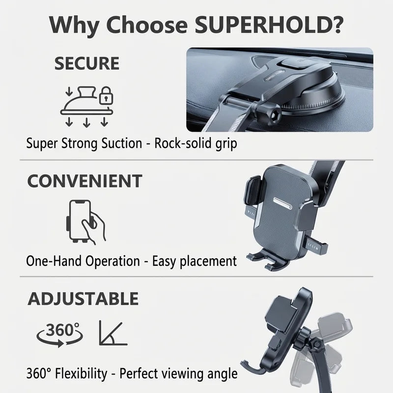 Multi-Scene Phone Mount with One-Click Lock Retractable Arm Strong Suction 360° Rotation for Car & Office